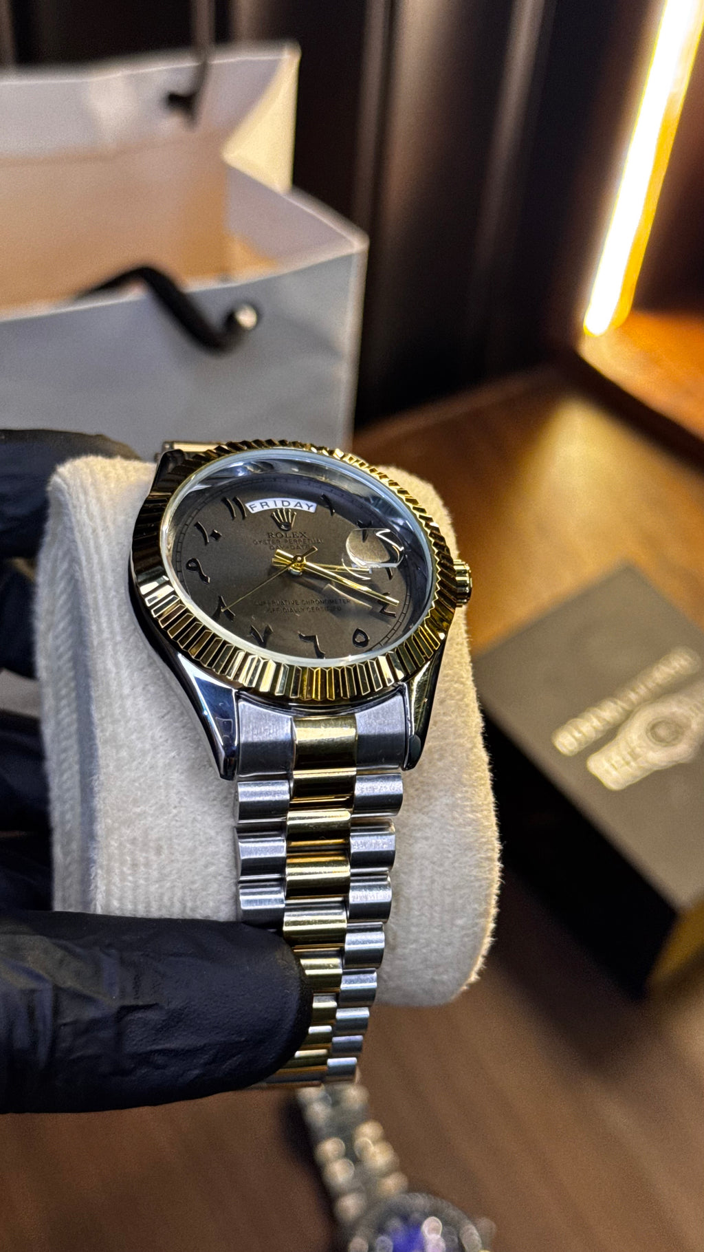 Rolex Day-Date Arabic Numeral Watch — Smoke Grey Dial