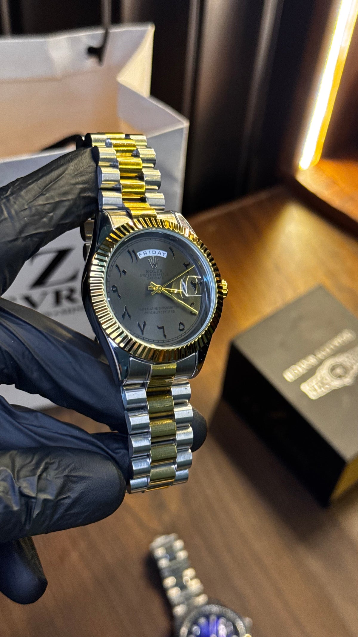 Rolex Day-Date Arabic Numeral Watch — Smoke Grey Dial